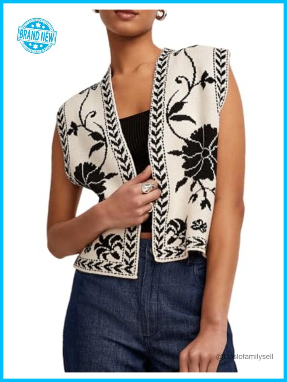 Womens Sleeveless Knit Vest Floral Cropped Cardigan Boho